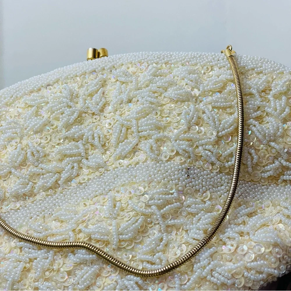 Vintage 60s White Beaded Clutch with Gold Tone Clasp